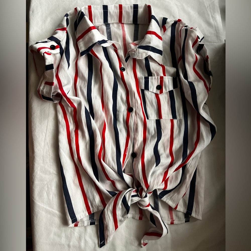 red white and blue striped top with tie